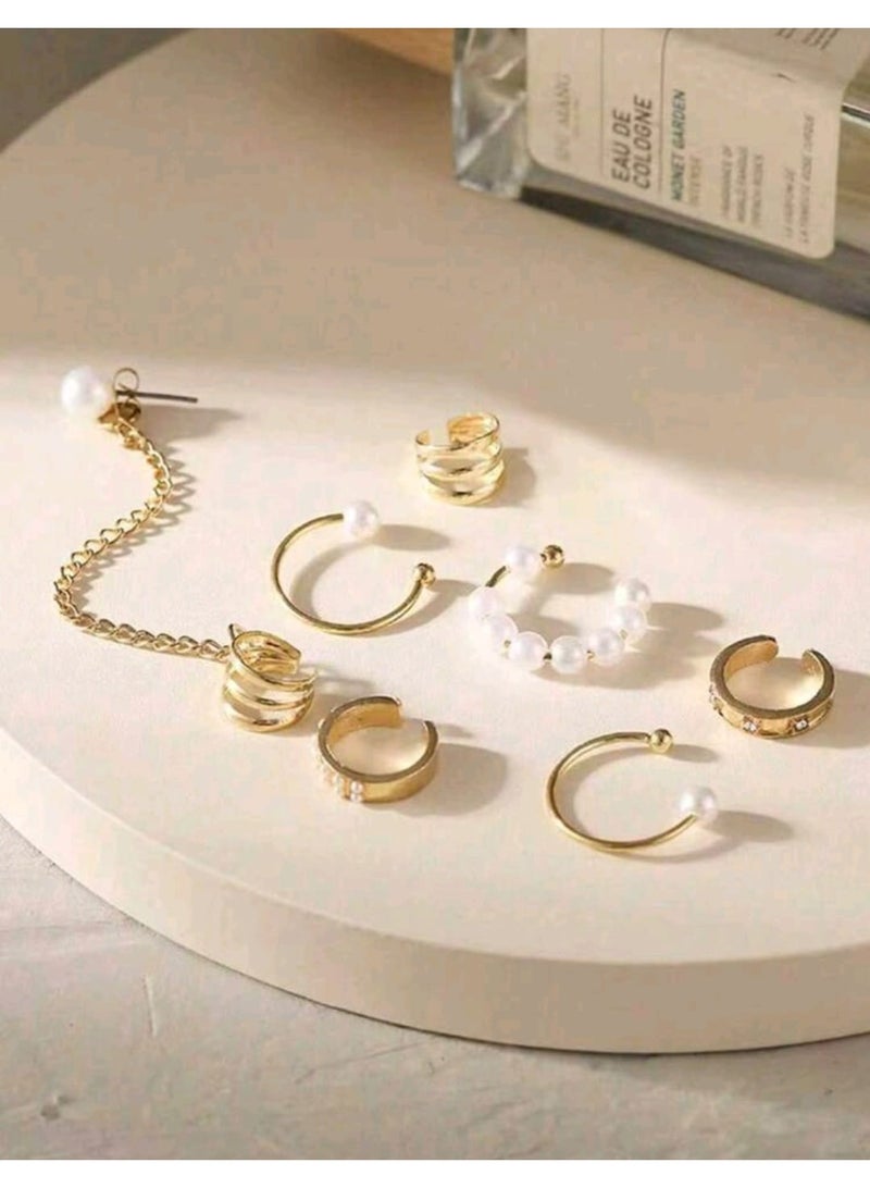 شي إن طقم واحد من أقراط اللؤلؤ بمشبك، أقراط طويلة بتصميم بسيط، سوار أذن قابل للتخصيص للنساء - Image 4